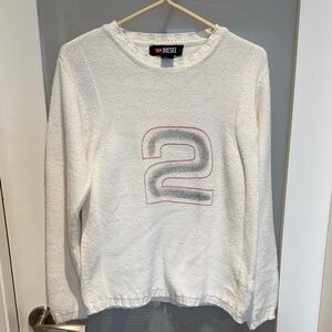Diesel Logo Tag Sweater in White with Red and Gray Accents
